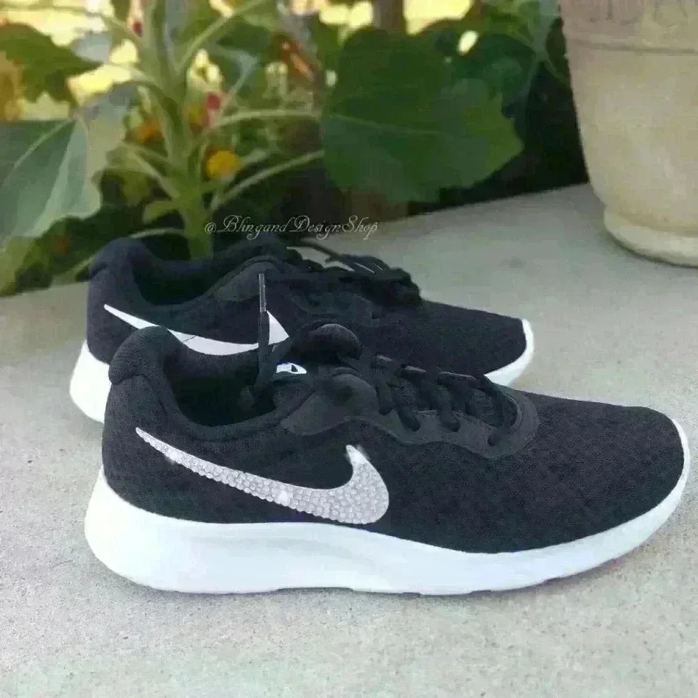 Nike Swarovski Women's Nike Tanjun Sneakers Black White Customized with Crystals